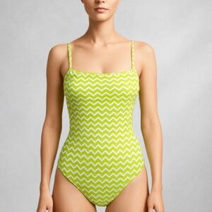 Seafolly Australia One Piece Swimsuit 4-6 Green White Chevron Adjustable Straps